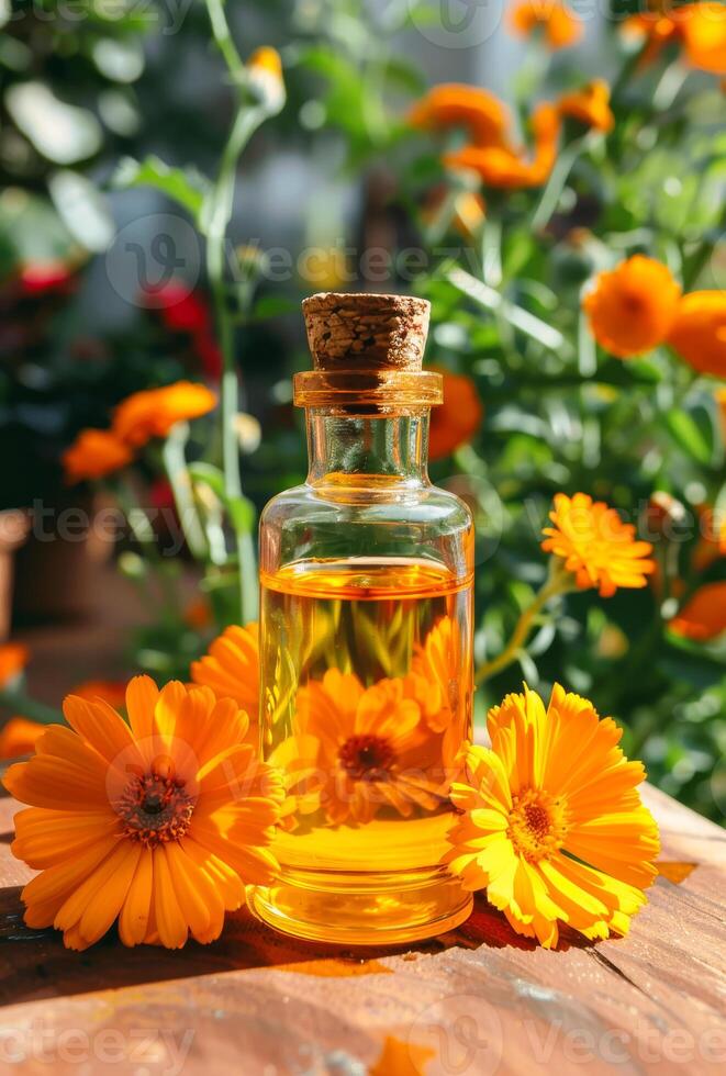 AI generated Bottle of marigold essential oil with fresh and dried calendula flowers photo