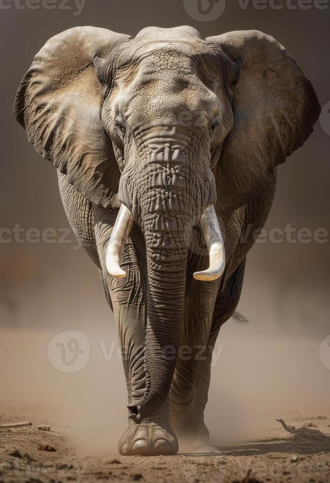 AI generated Elephant walking towards the camera with dust flying photo
