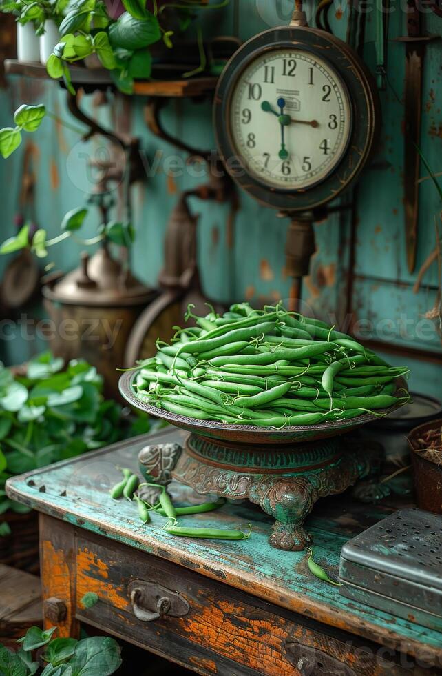 AI generated Green beans on old scale. A scale on the counter with lots of green beans photo