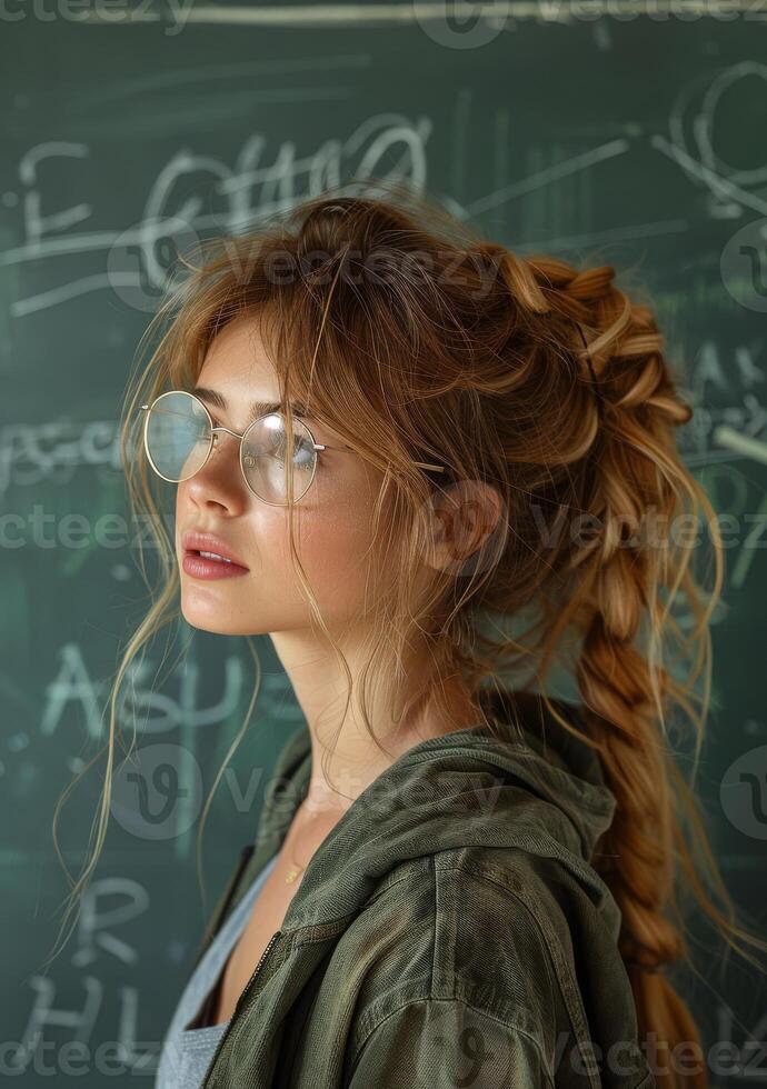 AI generated Beautiful young woman in glasses stands at the blackboard photo