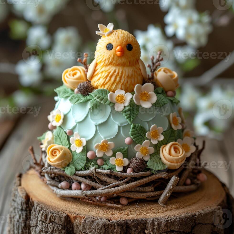 AI generated Easter cake in the form of nest and chick on wooden background with spring flowers photo