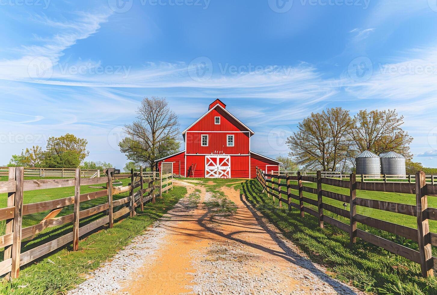 AI generated Red barn and fence on farm. A red barn with white trim photo