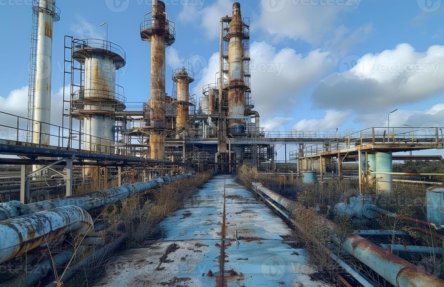 AI generated Abandoned chemical factory with pipes and tanks against the blue sky photo