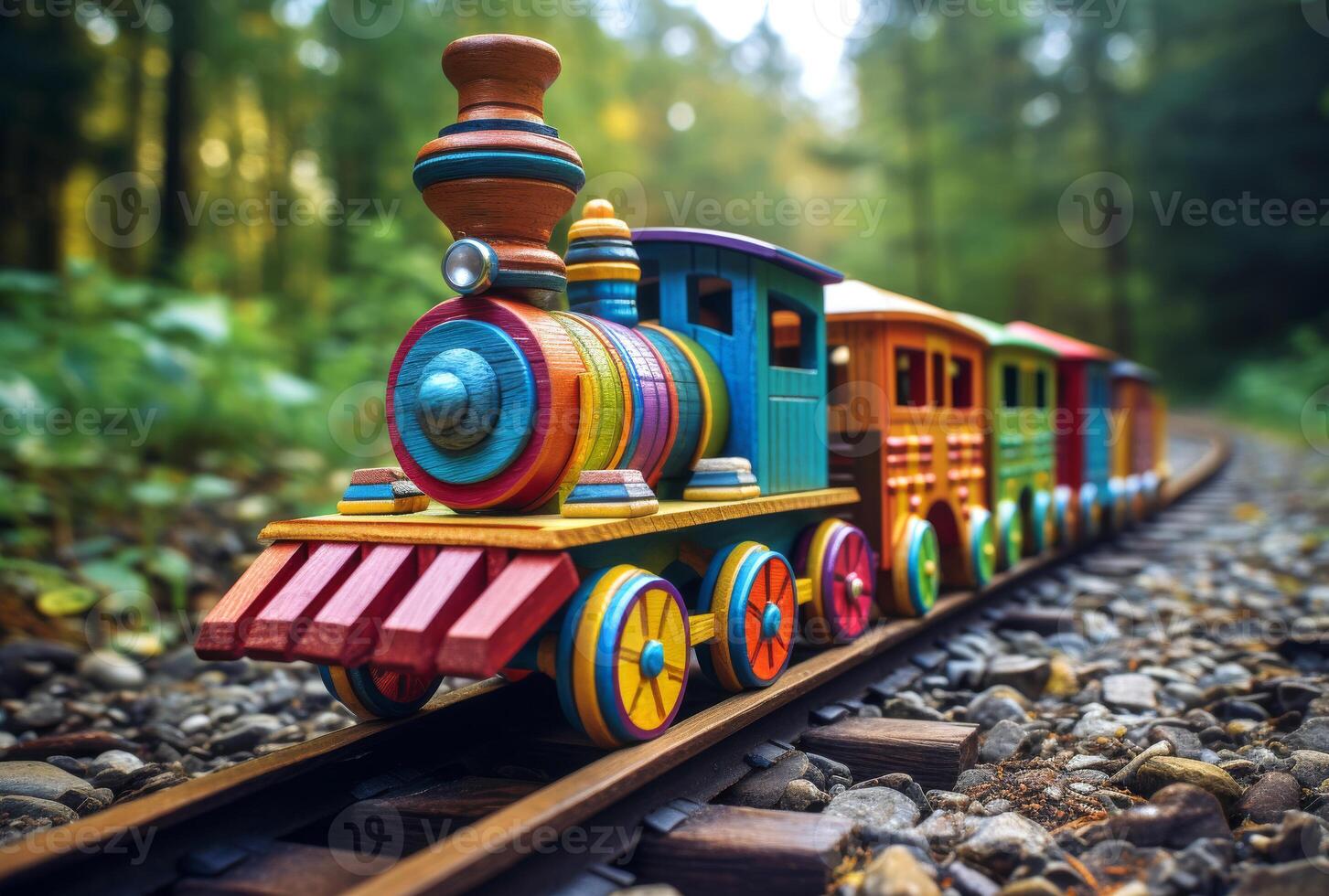 AI generated Toy train. A colorful toy wooden train toy on the tracks in the forest photo