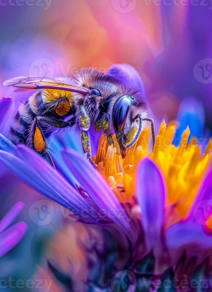 AI generated Bee collects nectar from flower photo