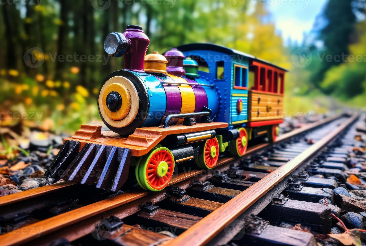 AI generated Toy train running on the tracks in the forest photo