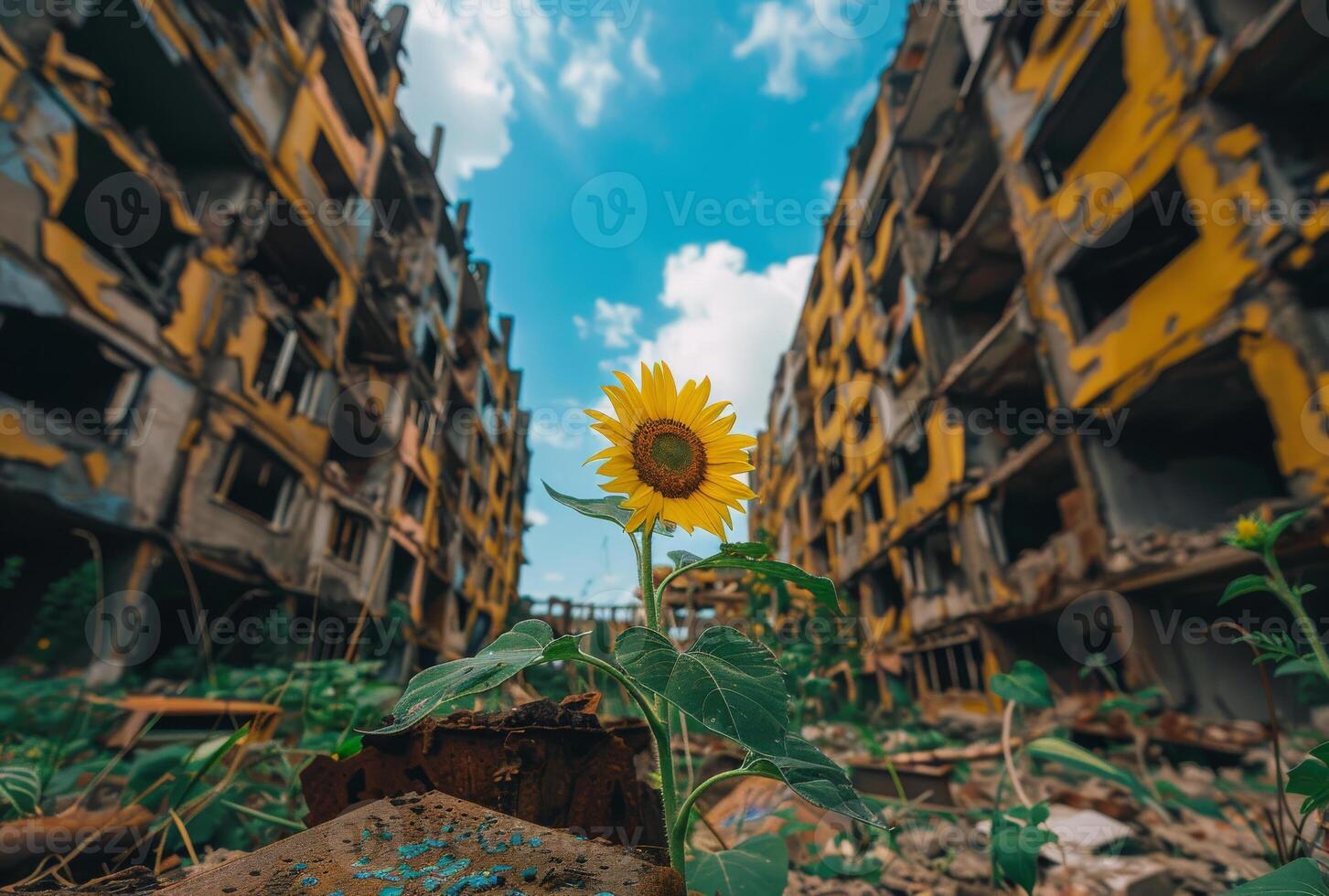 ai generado girasol creciente en el medio de destruido edificio foto