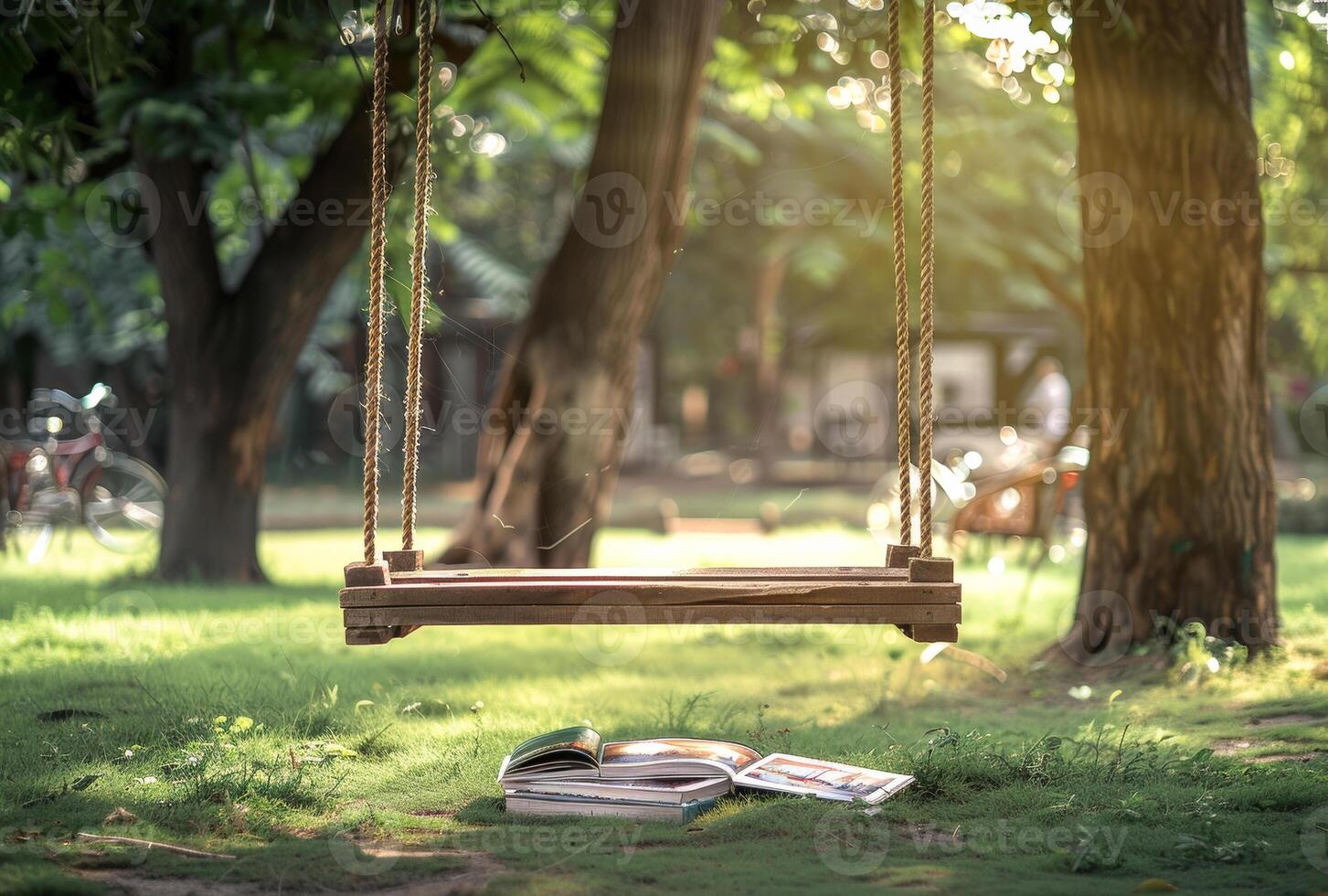 AI generated The swing is hanging on the tree with many books on the grass in the park photo