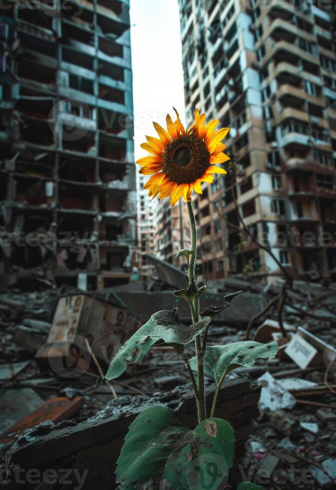 ai generado girasol creciente en el medio de el escombros de destruido edificio foto