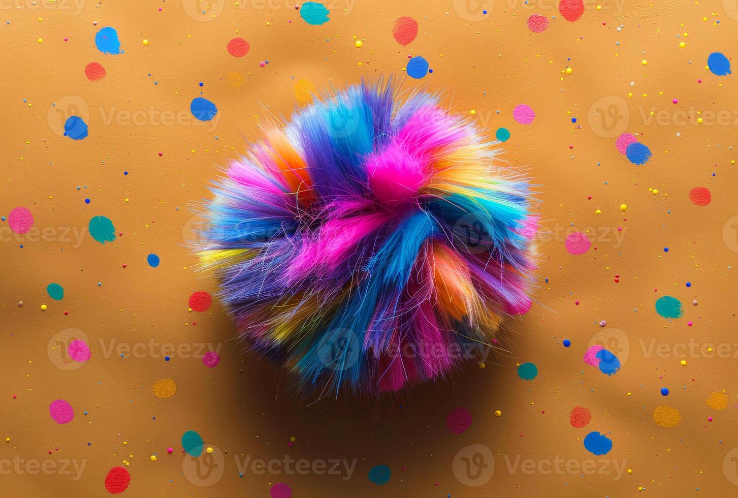 AI generated Colorful fluffy pompom on yellow background photo