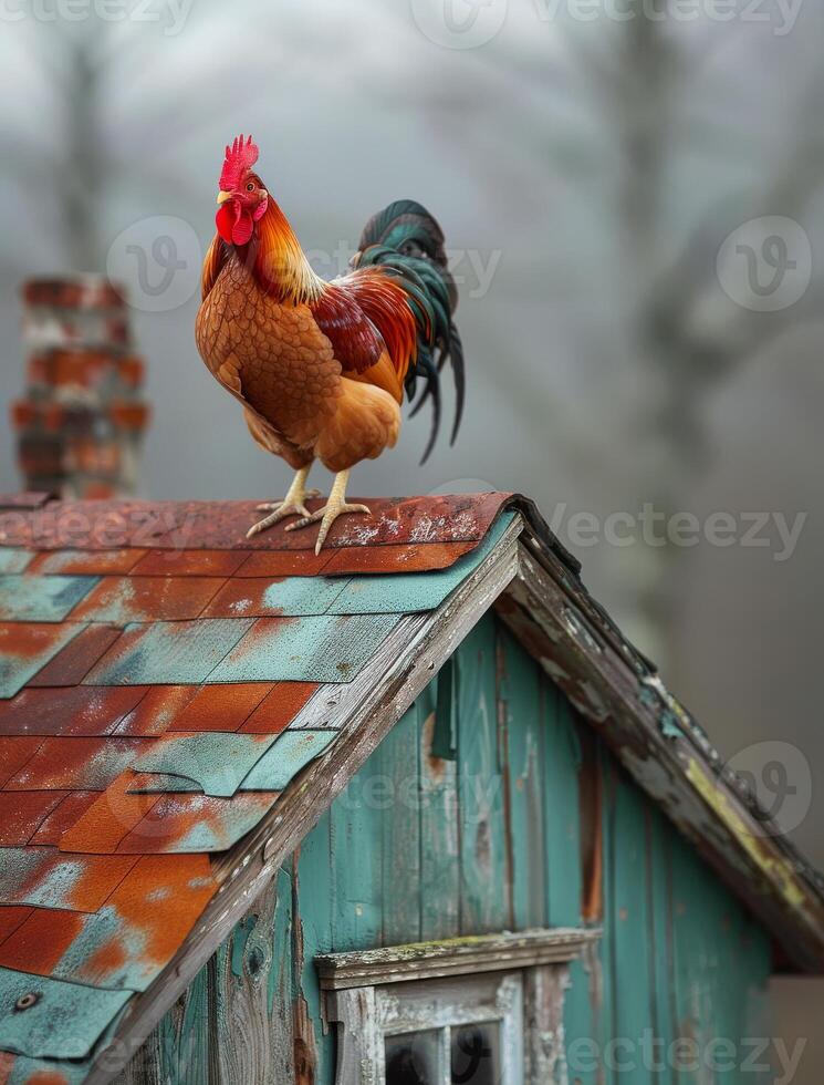 ai generado gallo canto en el techo. un imagen de un pollo en pie en parte superior de el techo de un casa foto