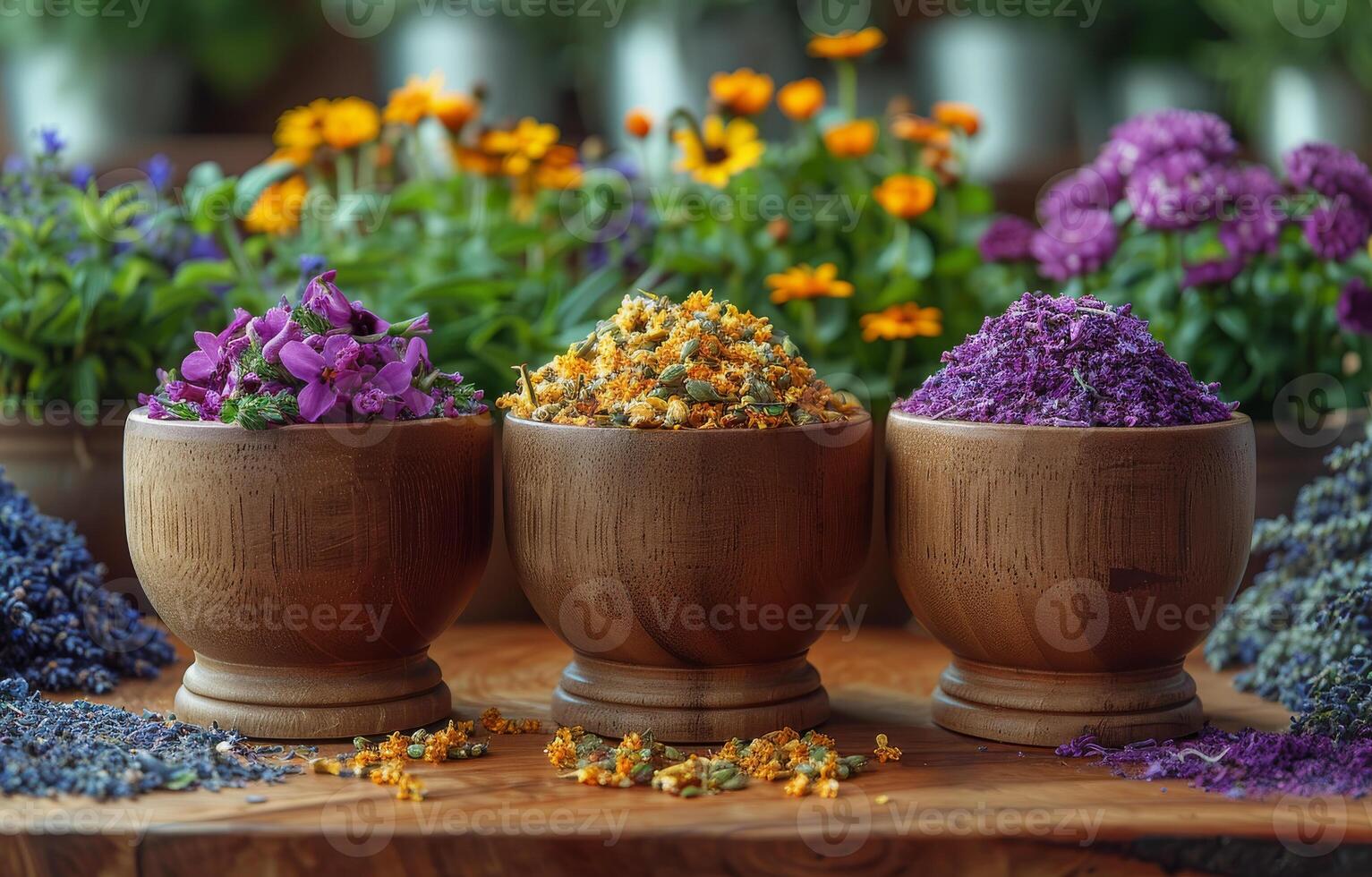 AI generated Three wooden bowls with dried herbs and flowers on table in front of flower shop photo