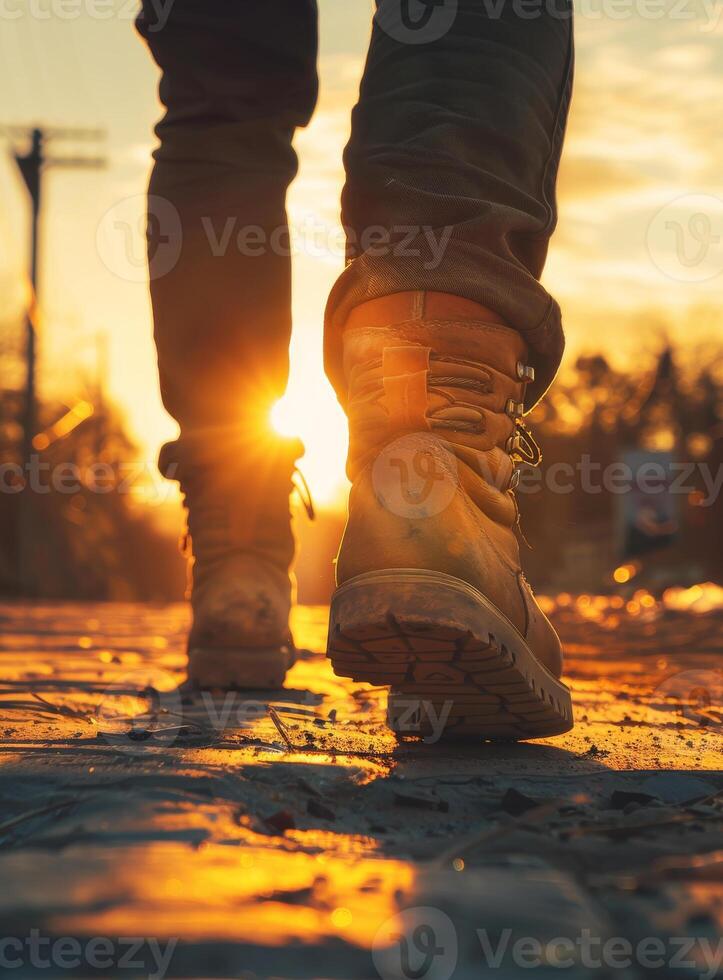 AI generated Men's boots walking on the road at sunset photo