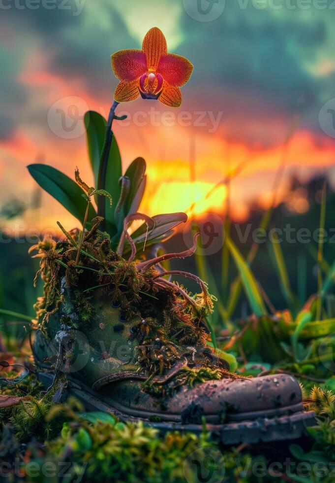 AI generated Beautiful orchid flower grows in shoe on the grass at sunset photo