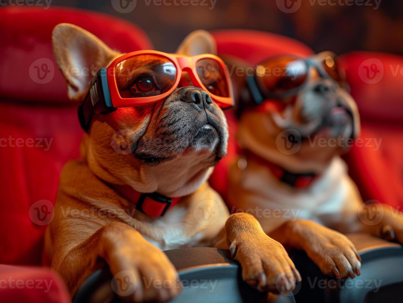 AI generated Two French bulldogs are watching movie in the cinema. Dogs are wearing glasses and watching film at the cinema with interest. photo