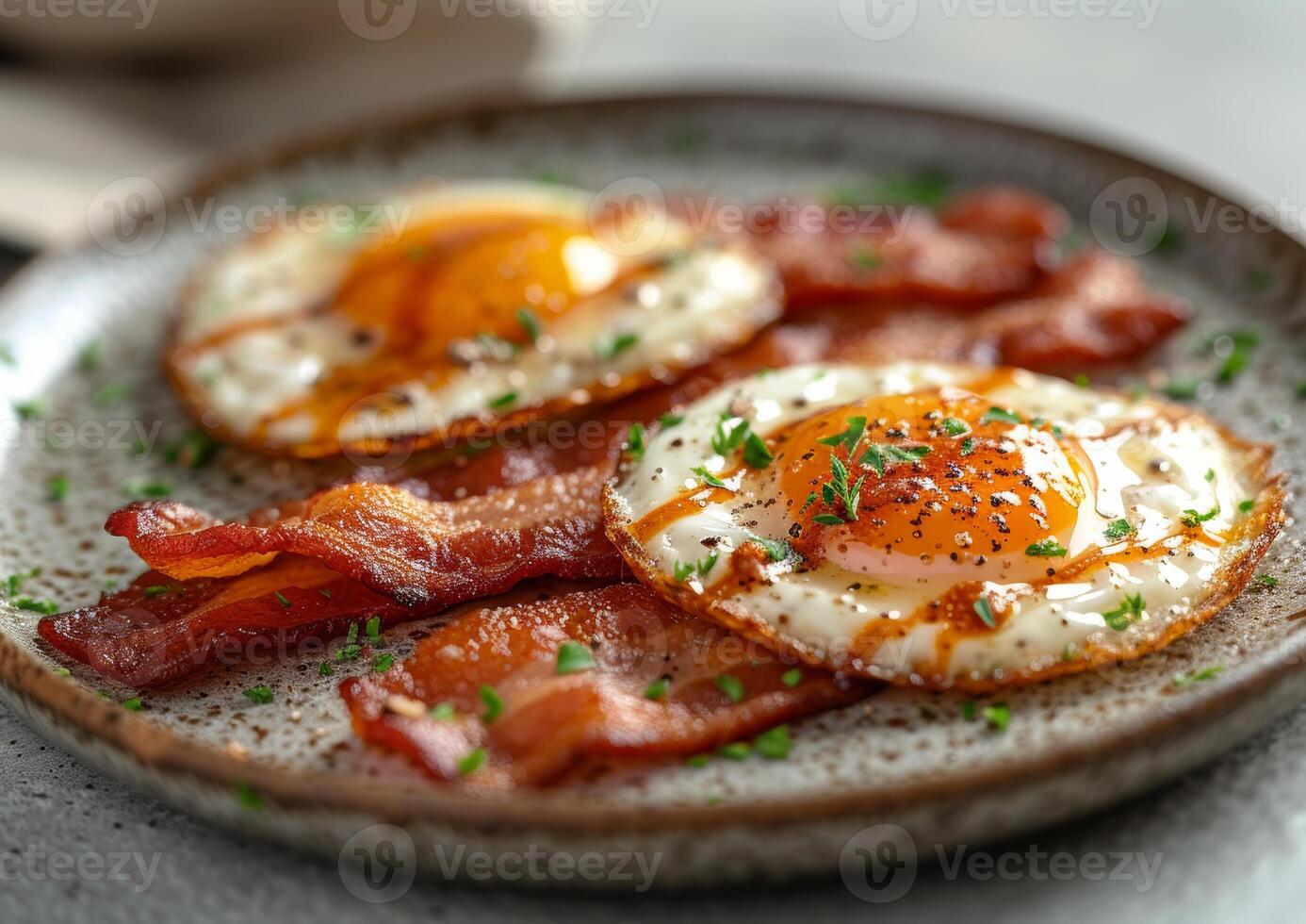 AI generated Tasty breakfast. Fried eggs with bacon on plate photo