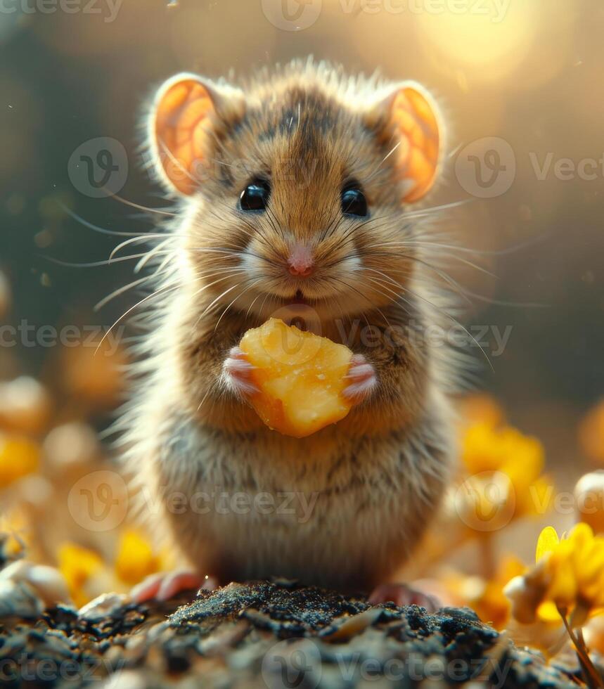 AI generated Cute dormouse eats cheese in the garden photo