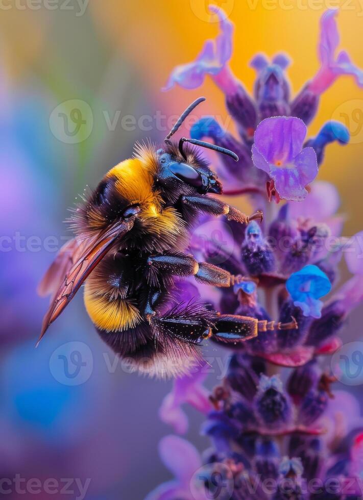 AI generated Bumblebee collects nectar from lavender flower photo