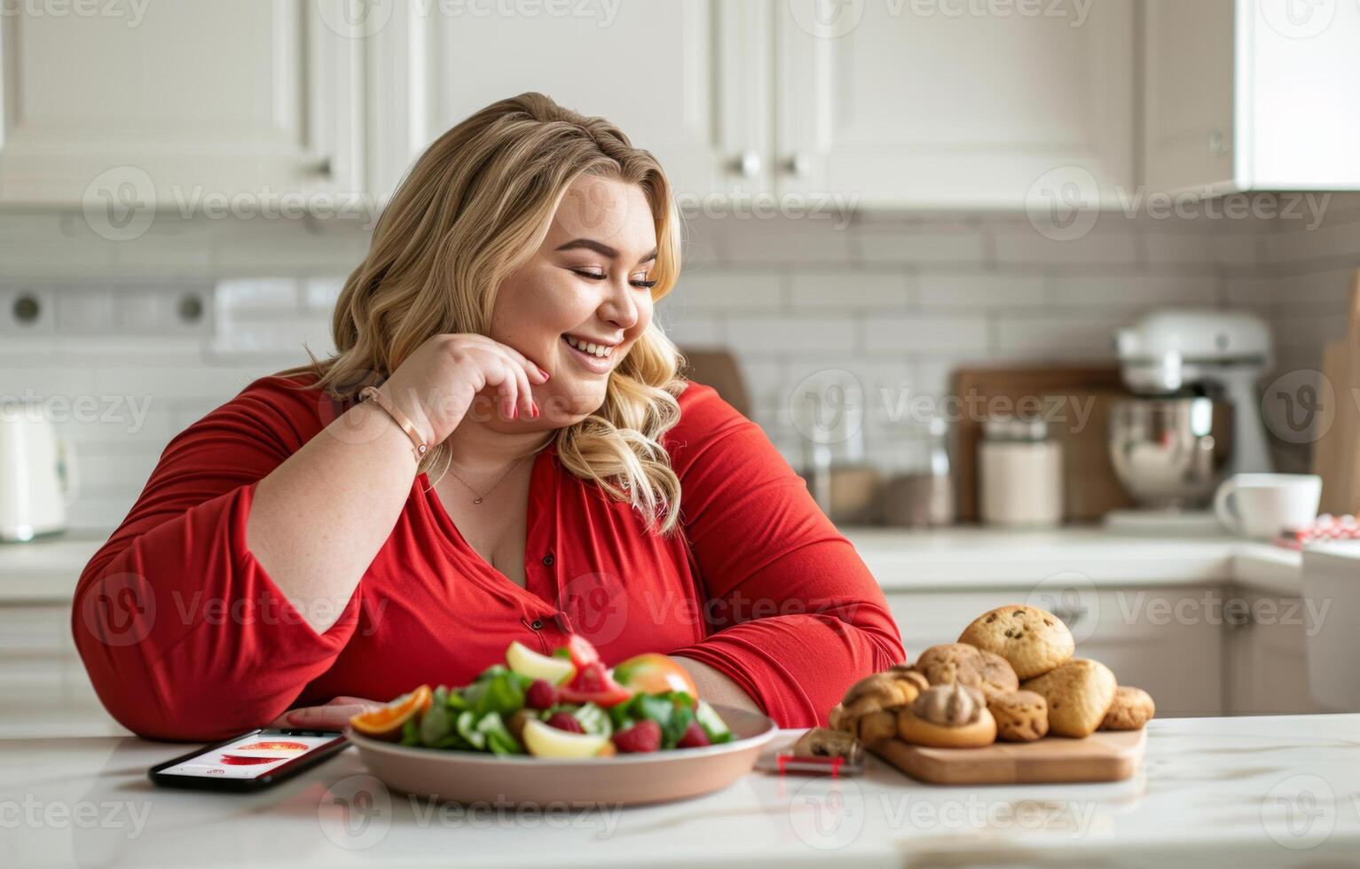 ai generado exceso de peso mujer sentado a el cocina mesa con sano comida y teléfono foto