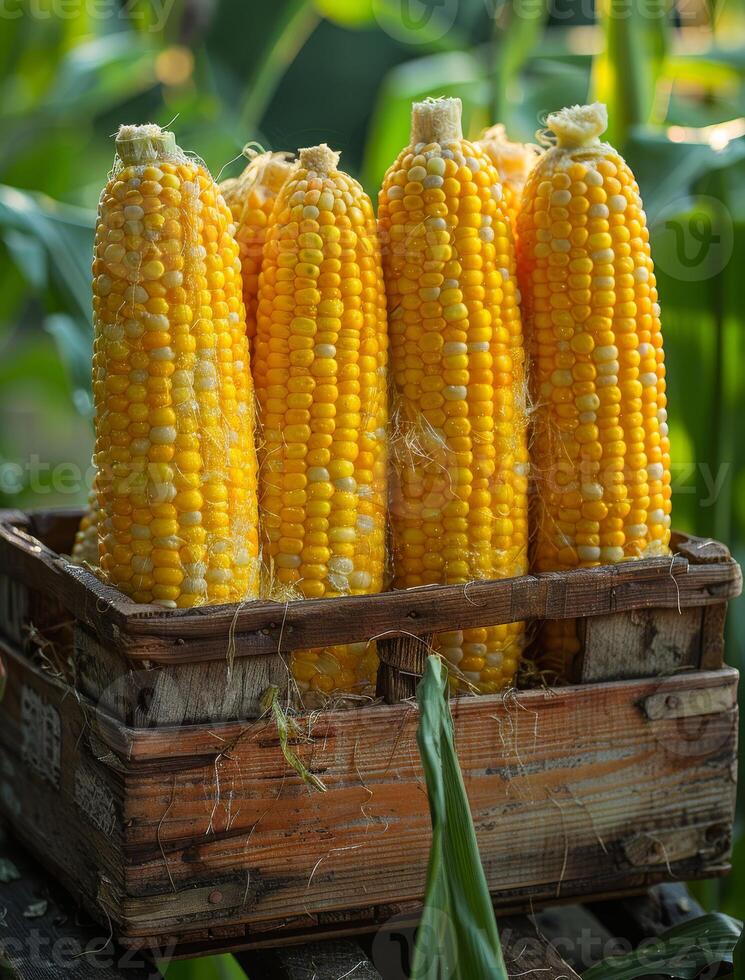 AI generated Corn in wooden box. A four ears of corn are shown in small wooden basket photo