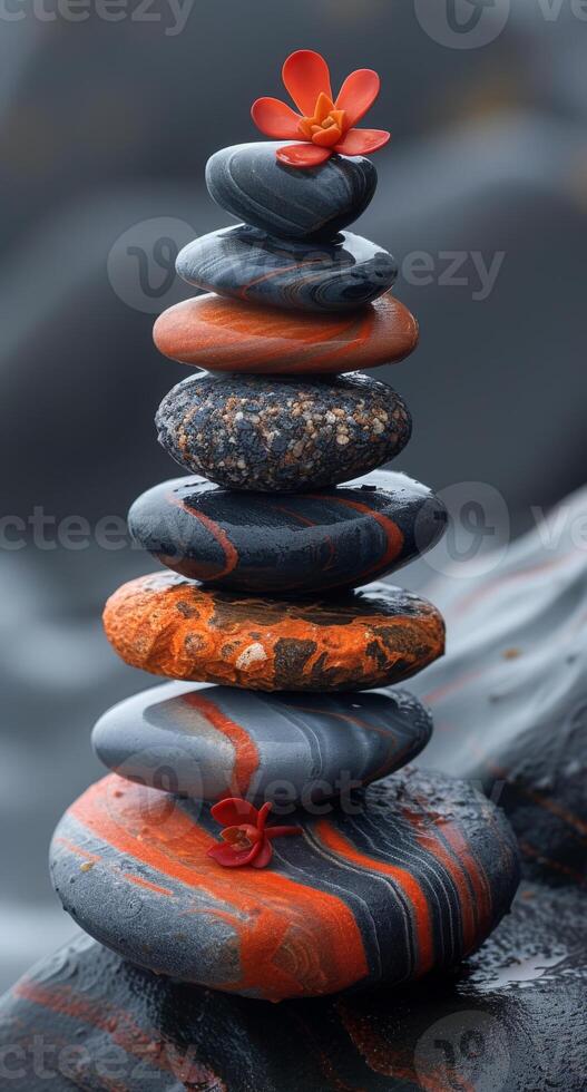 AI generated Zen stones. Red flower on the top of zen pyramid photo