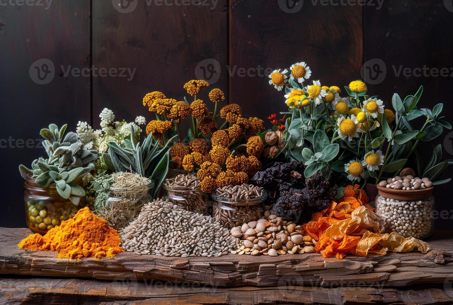 AI generated Variety of dried herbs and flowers photo