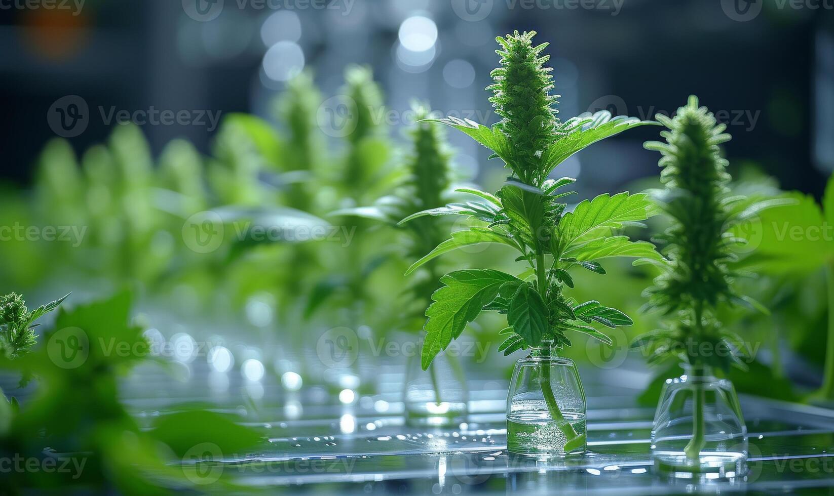 AI generated Cannabis plants growing in glass jars in lab. The future of cannabis hemp photo