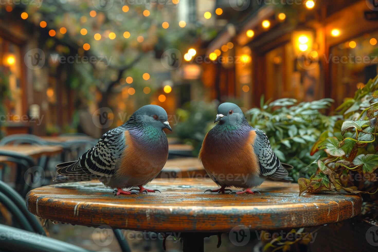 ai generado dos palomas sentar en mesa en al aire libre café foto