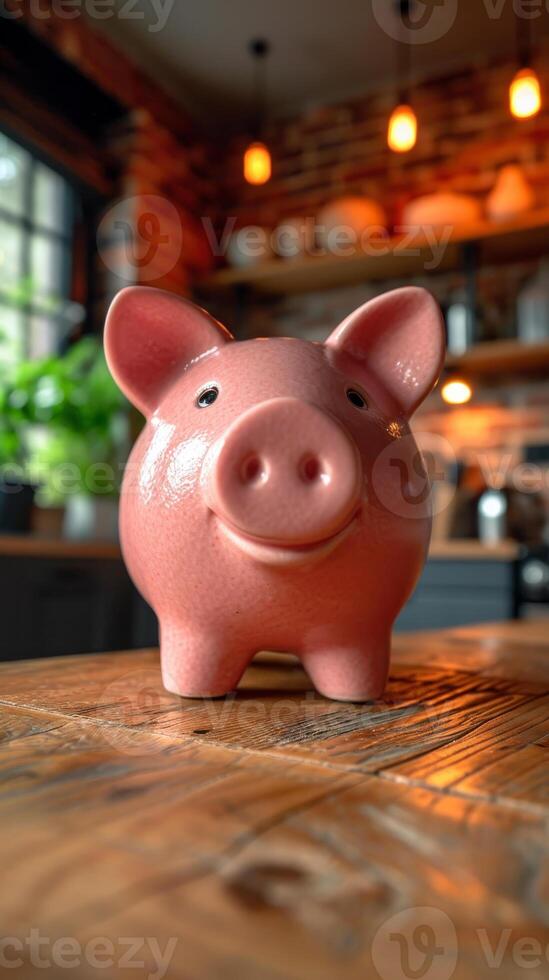 ai generado rosado cerdito banco en pie en de madera mesa en café foto