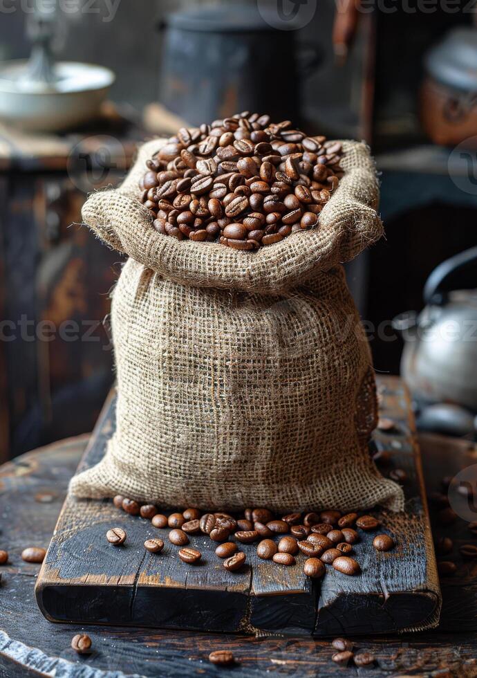 ai generado asado café frijoles en arpillera bolso en de madera mesa foto