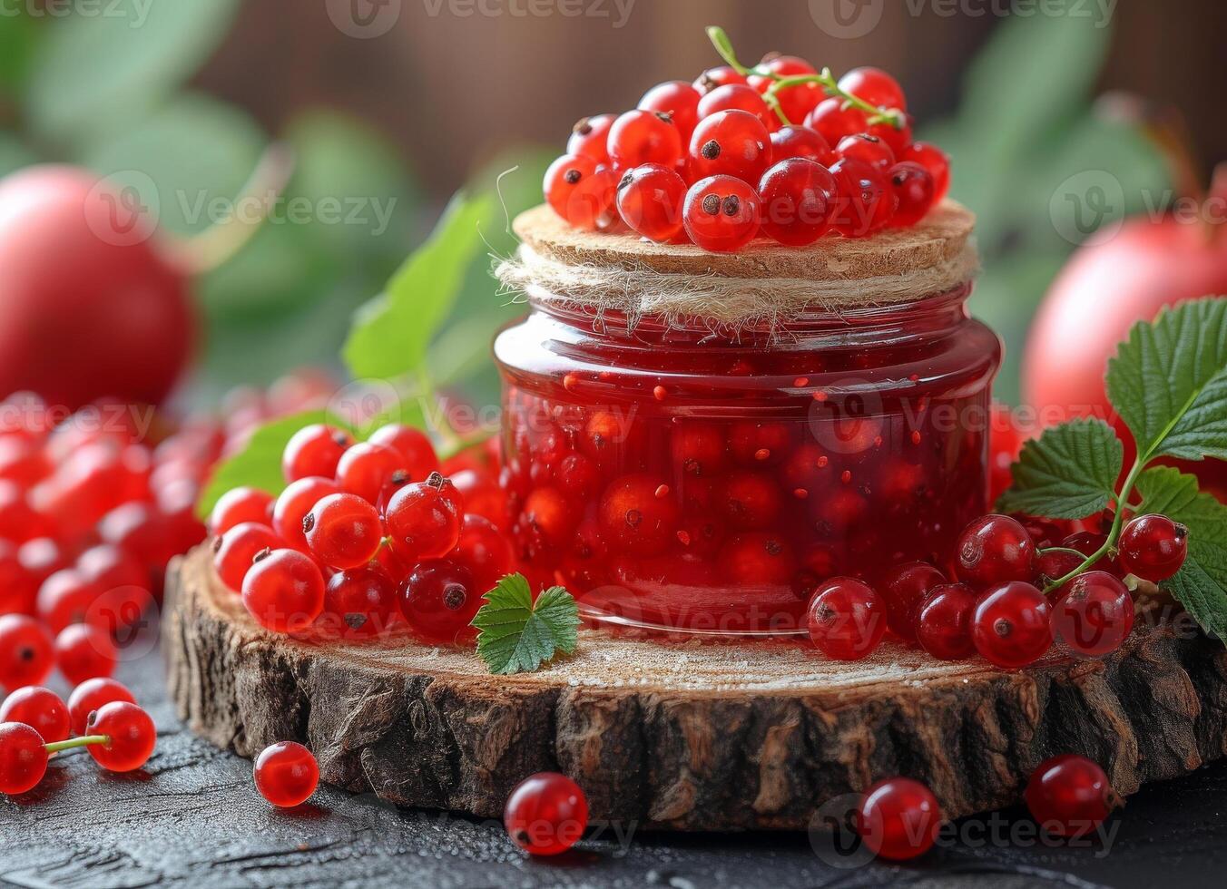 AI generated Jar with red currant jam on the wooden table photo