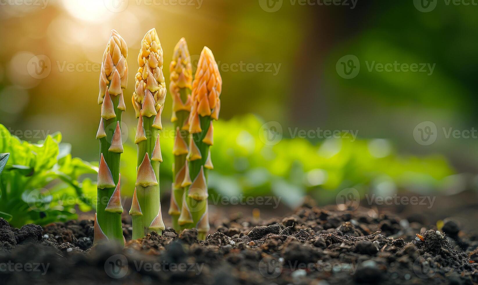 AI generated Young green asparagus shoots growing from the ground in spring photo