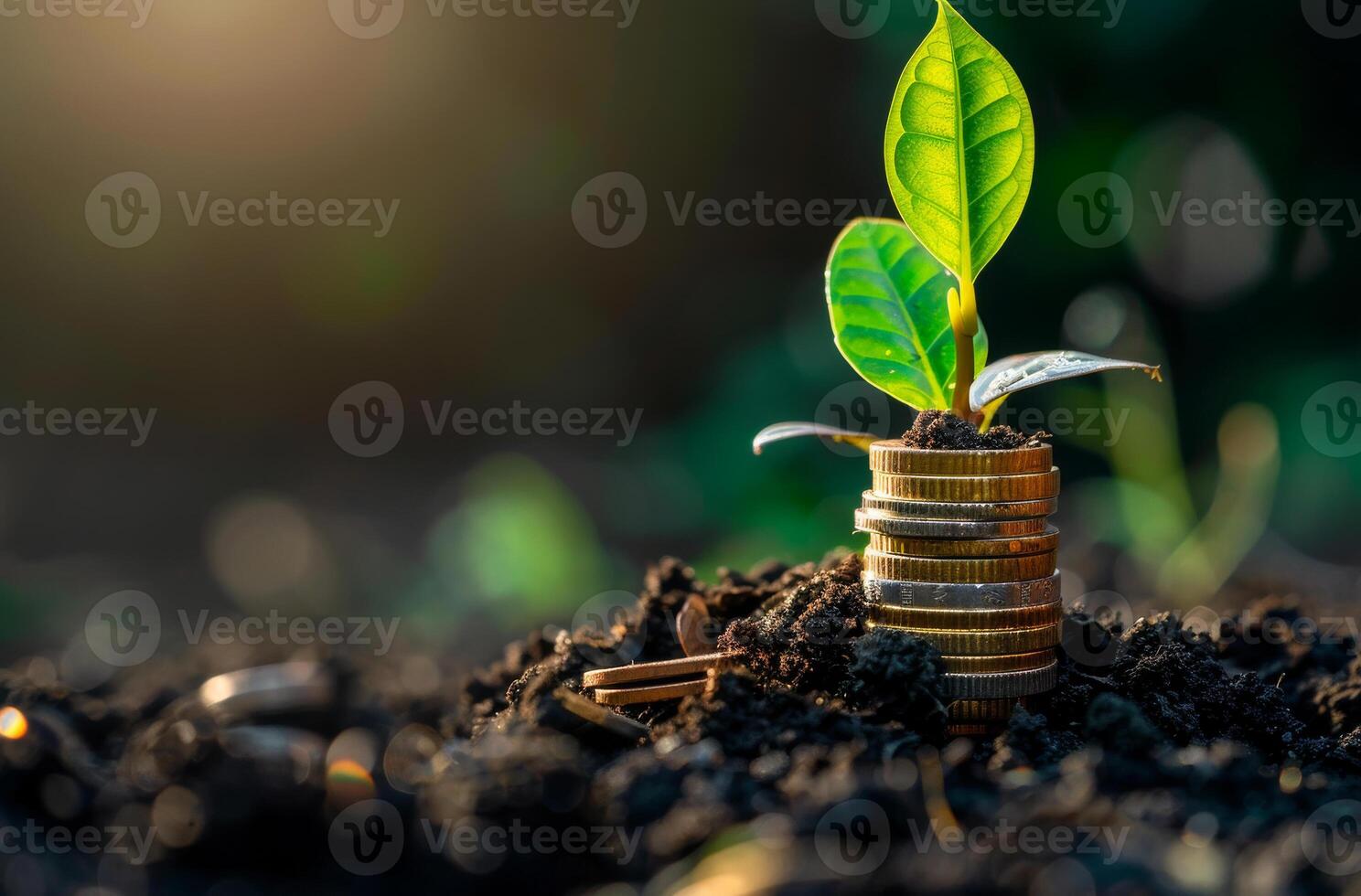 AI generated Tree growing on pile of coins. A stack of coins growing from the ground with green leaves photo