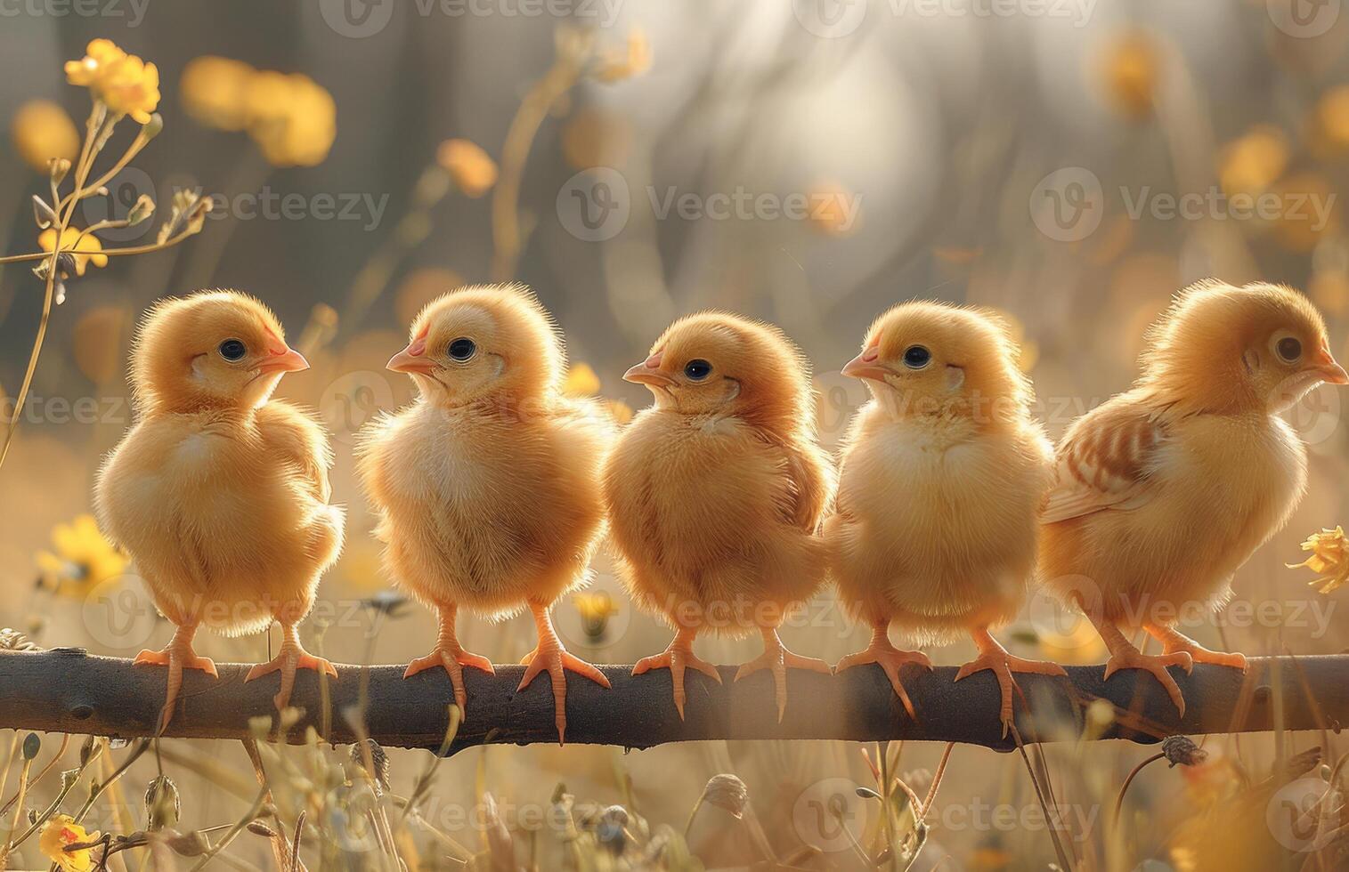 AI generated Five little chicks on branch. A little chickens walking on the fence near grass photo