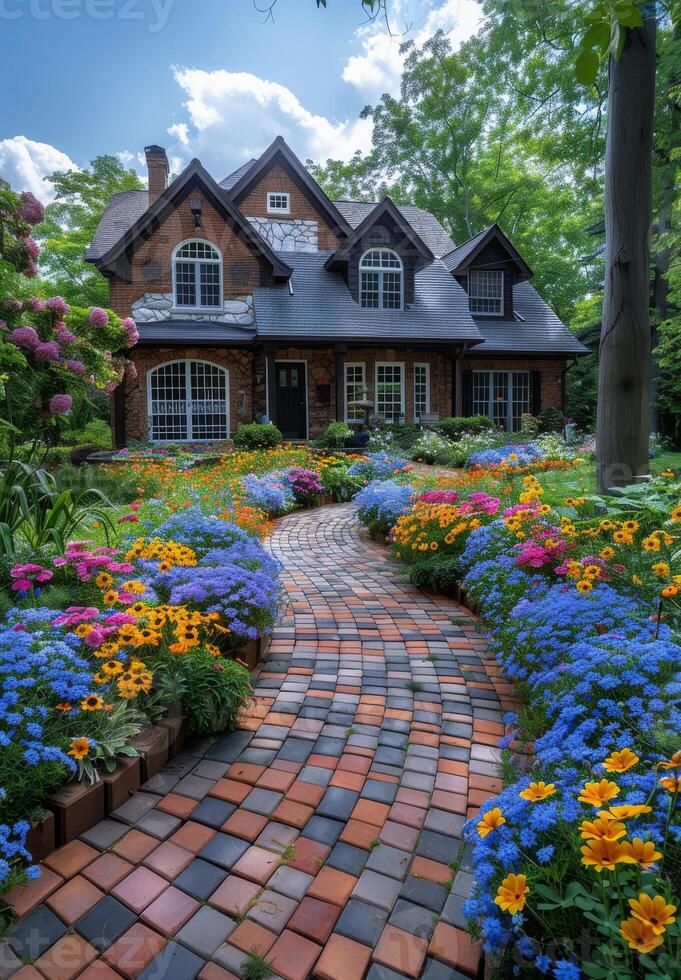 ai generado ladrillo pasarela Guías a grande casa con jardín lleno de vistoso flores foto