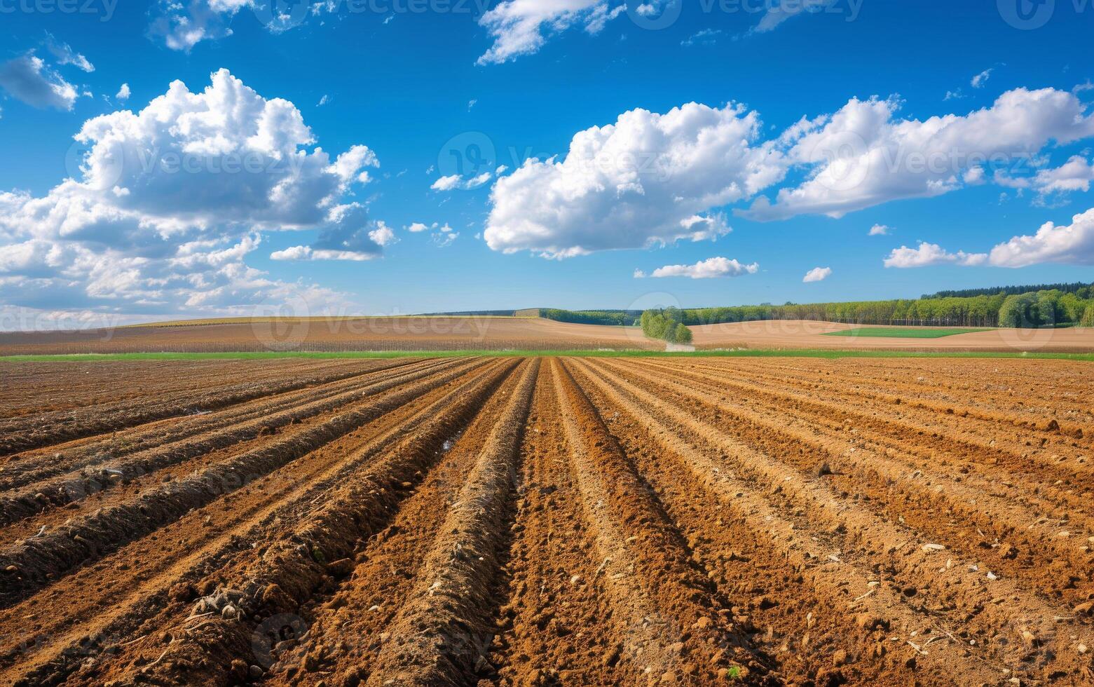 ai generado surcos fila modelo en arado campo preparado para plantando cultivos en primavera foto