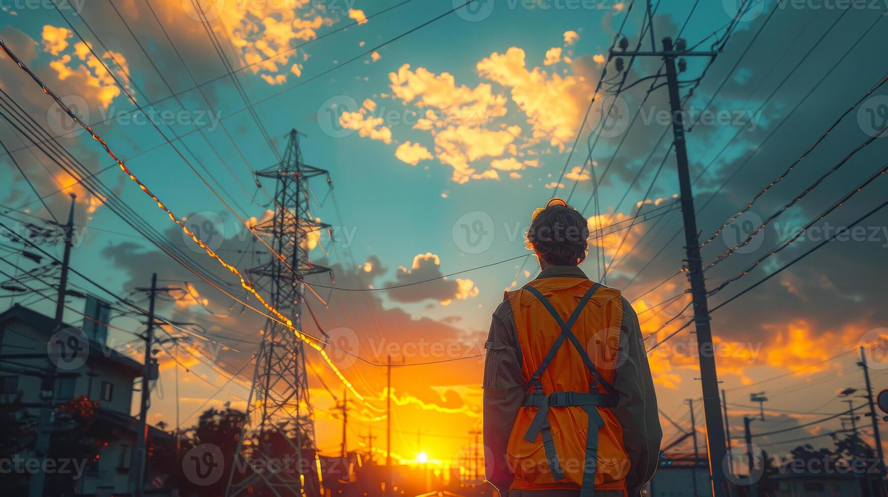 AI generated Man is standing in the middle of city with high voltage towers and power lines photo