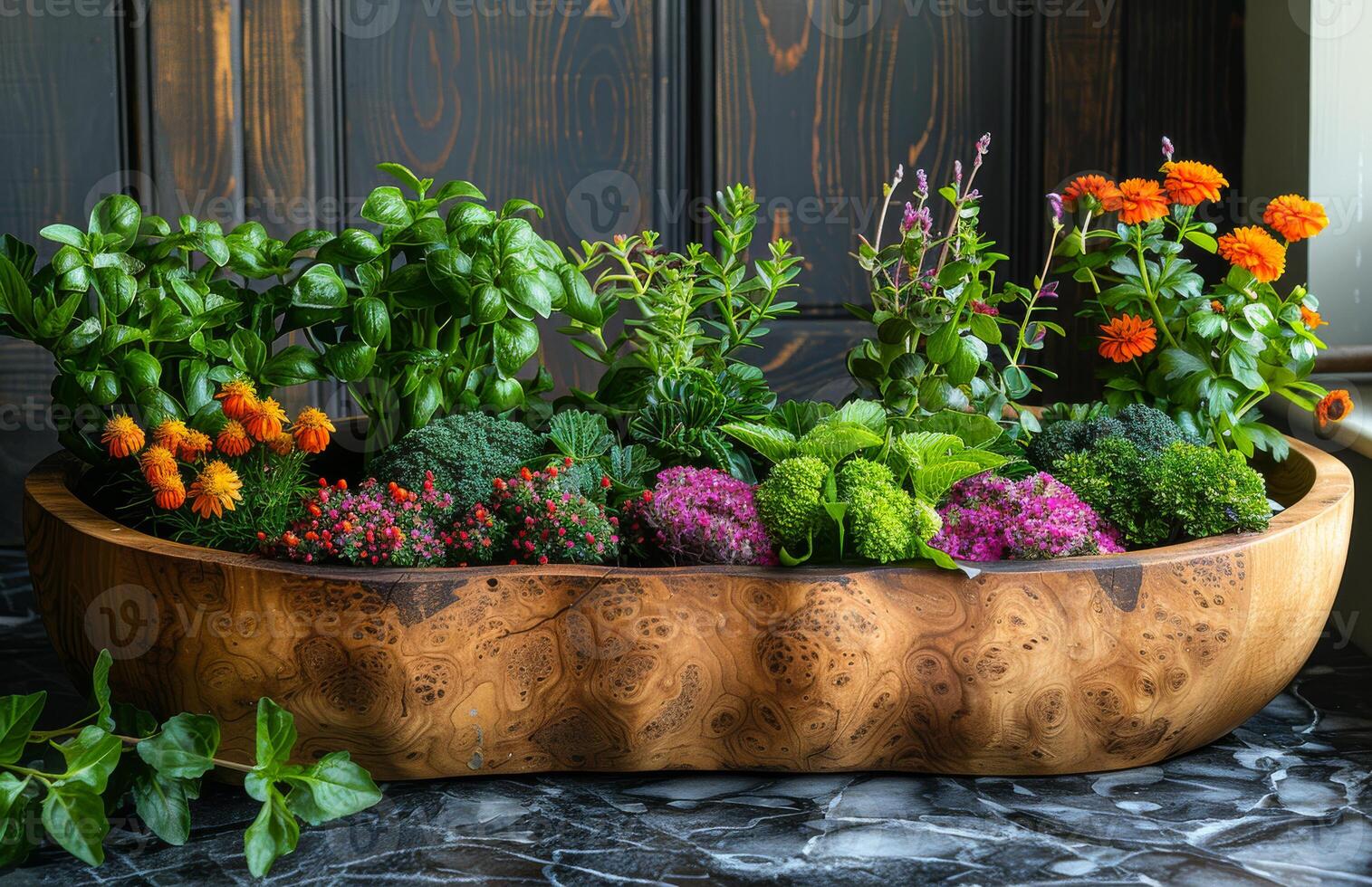 ai generado grande de madera cuenco es lleno con Fresco hierbas y flores foto