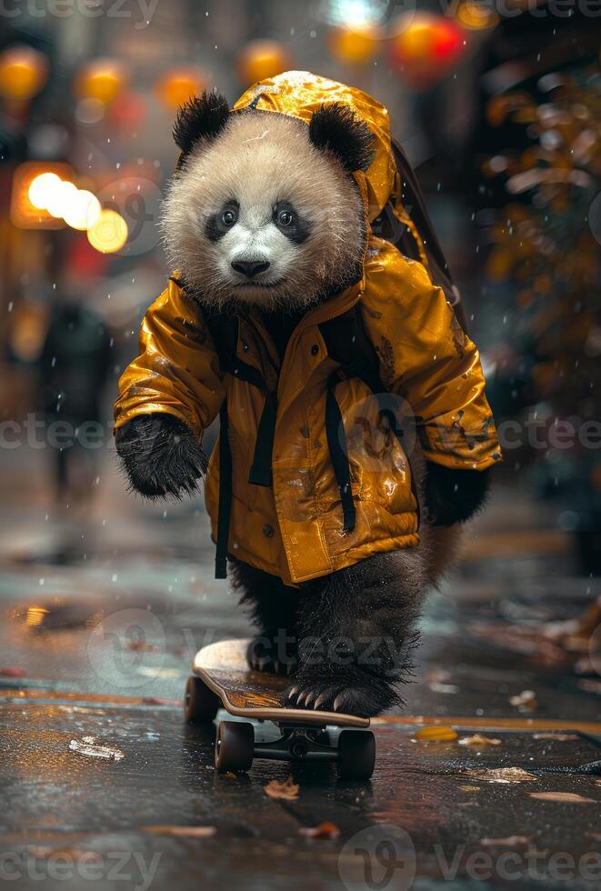 ai generado panda en amarillo chaqueta paseos patineta en el lluvia foto