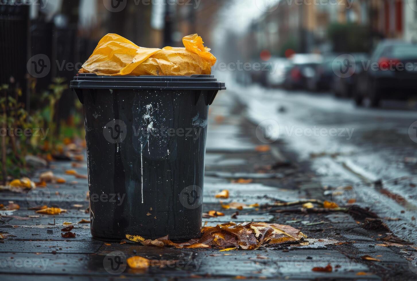 AI generated Trash can is overflowing with garbage on wet street photo