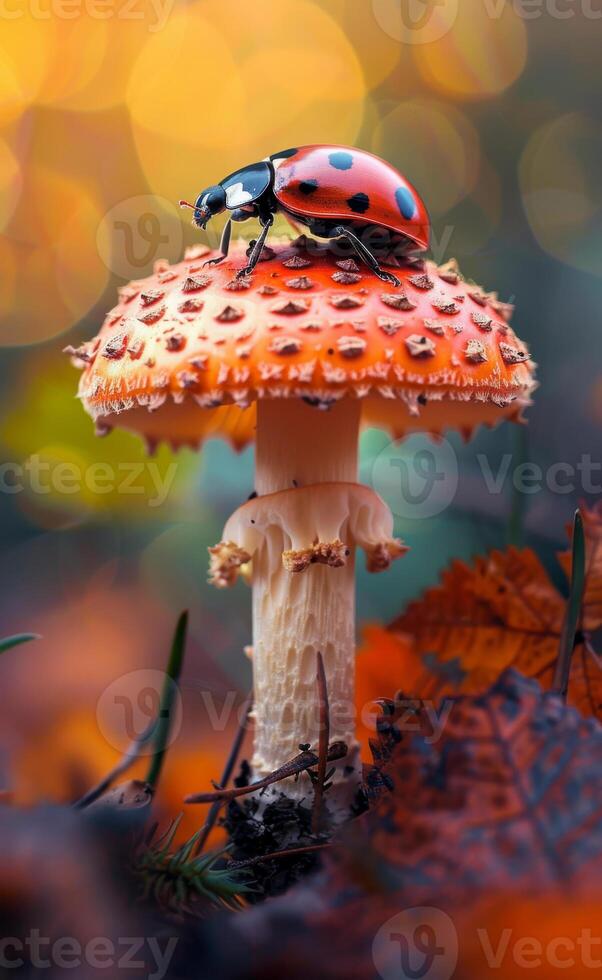 ai generado mariquita y mosca agárico en el otoño bosque foto