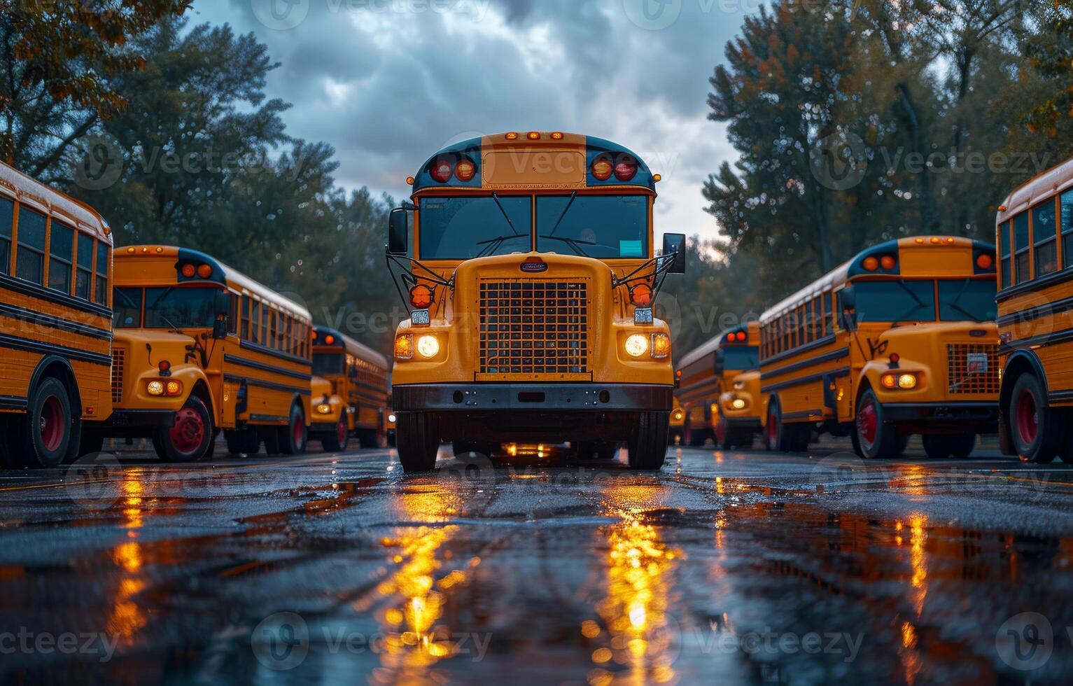 AI generated School buses parked in row. Row of parked school buses ready to pick up students photo