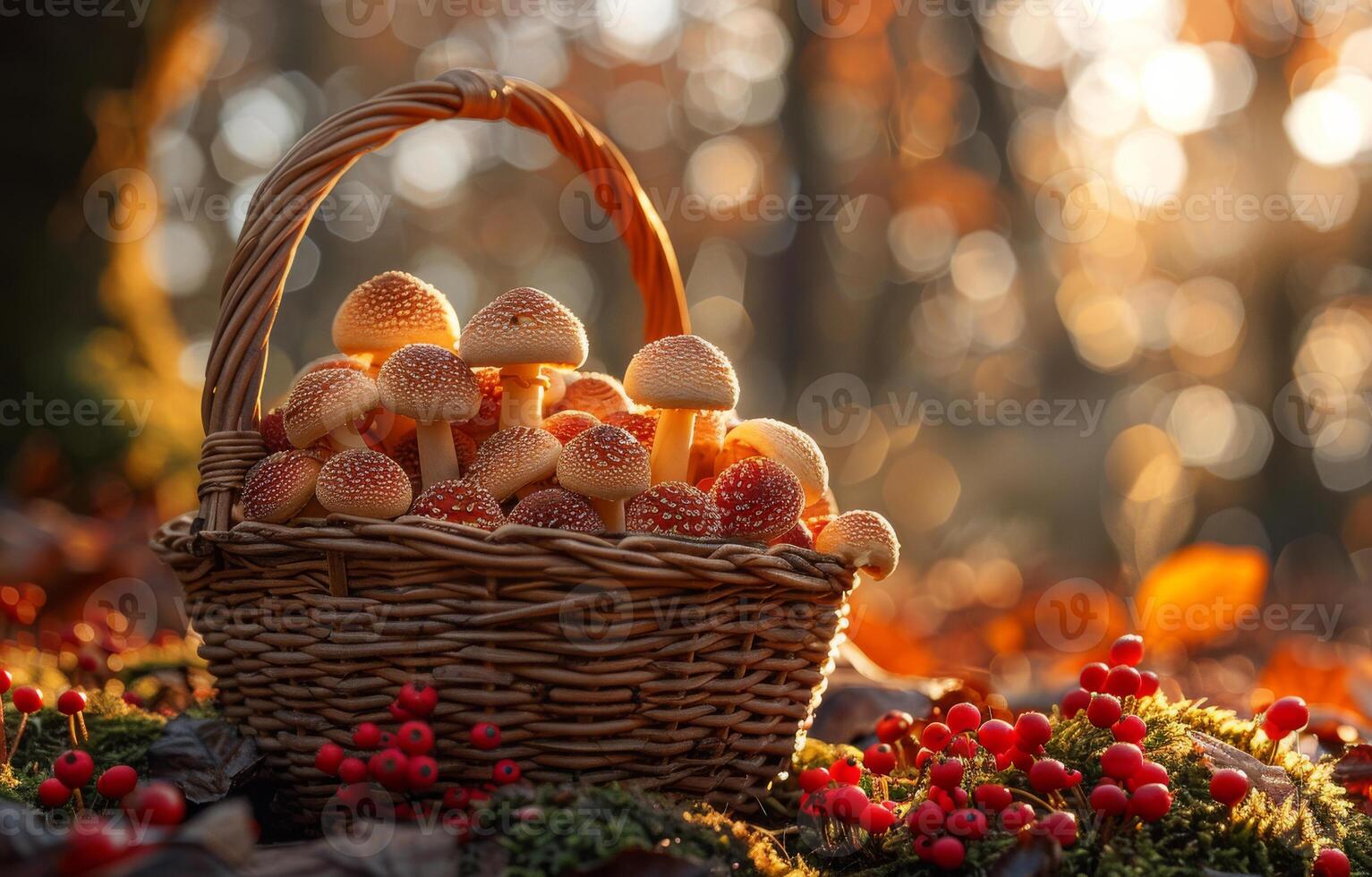 ai generado mimbre cesta lleno de hongos en el bosque a puesta de sol foto