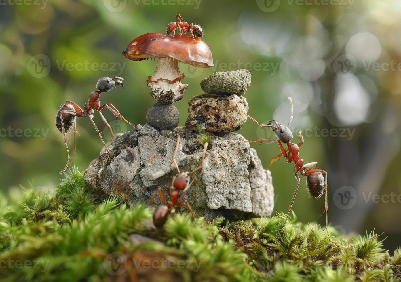 AI generated Ants building stone tower. An ant carrying two small rocks on its back photo