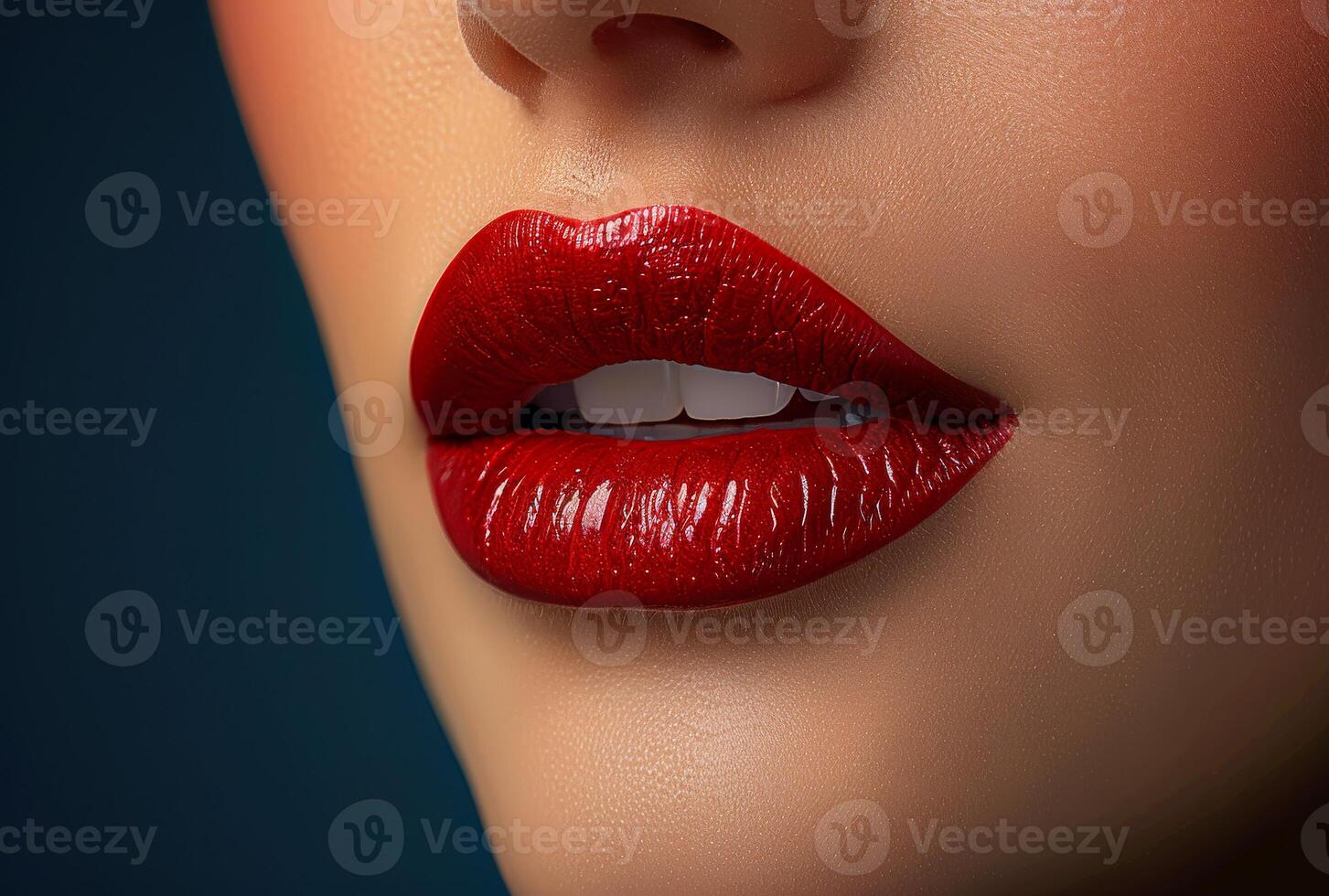 ai generado hermosa mujer con rojo labios en oscuro azul antecedentes foto