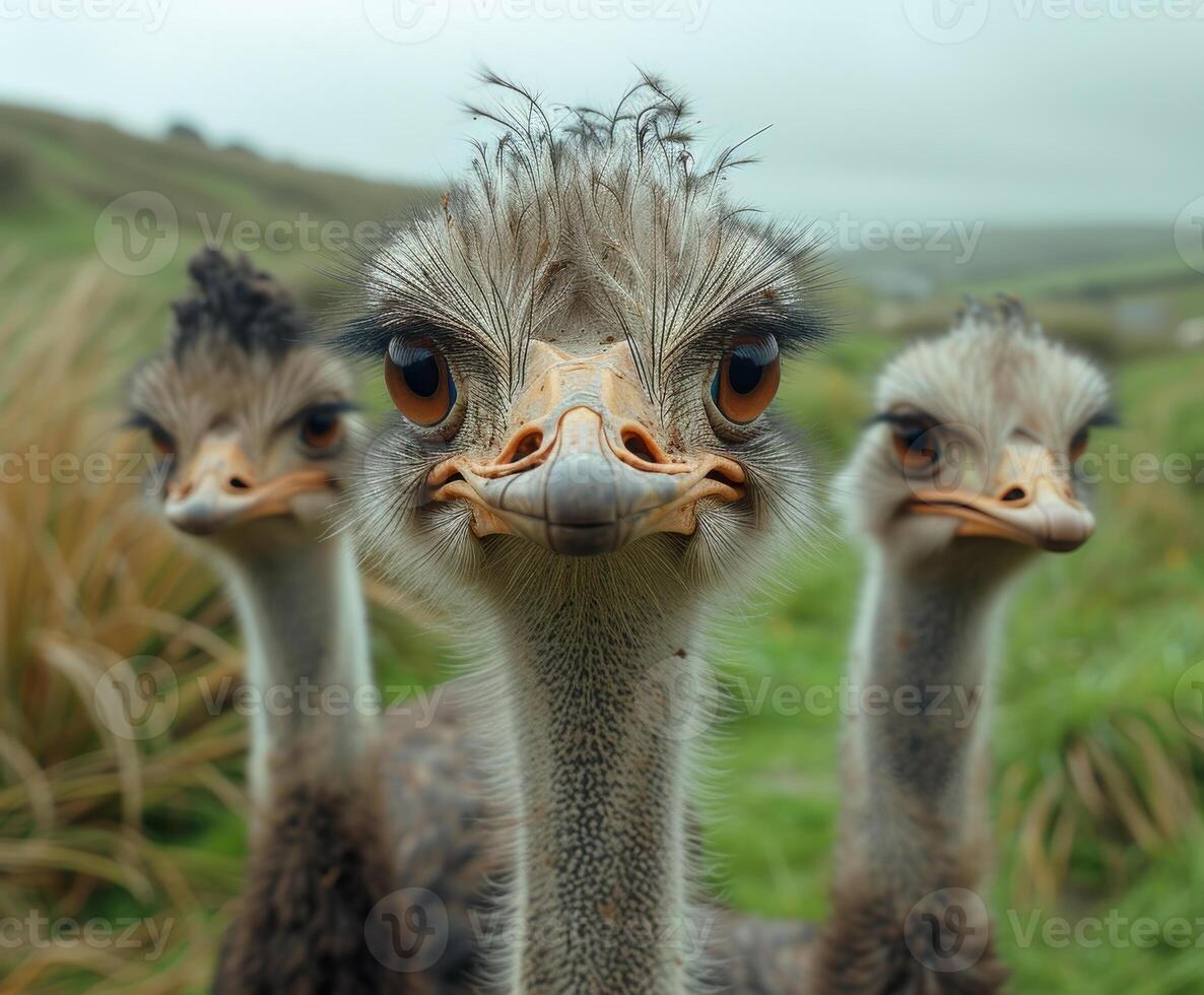 ai generado Tres avestruces Mira a el cámara. foto