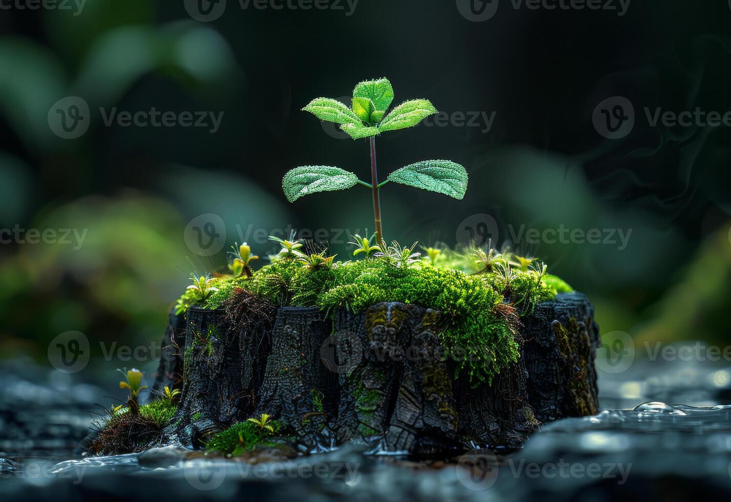 AI generated Tree grows on stump in the forest. A tree stump with its top cracked open photo