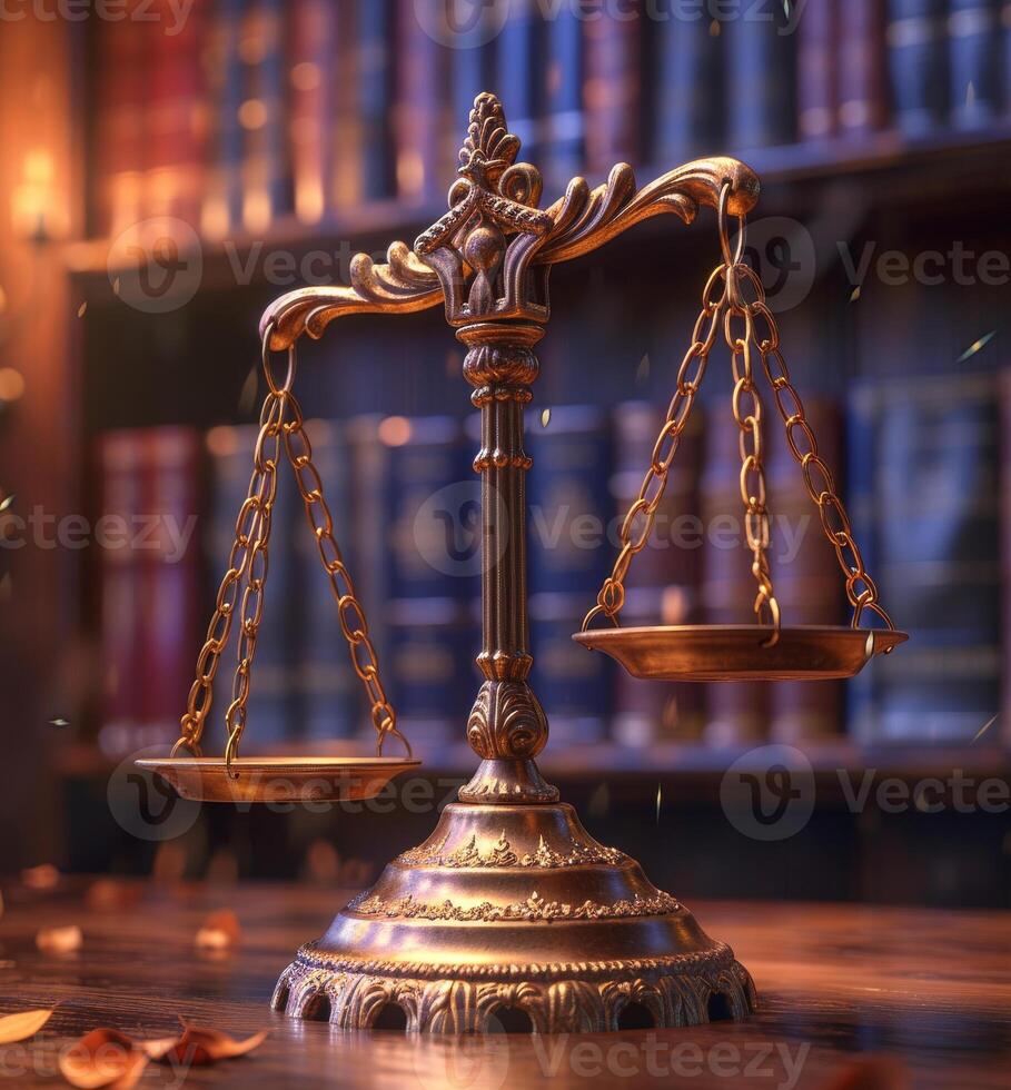 AI generated Scales of Justice on wooden desk photo