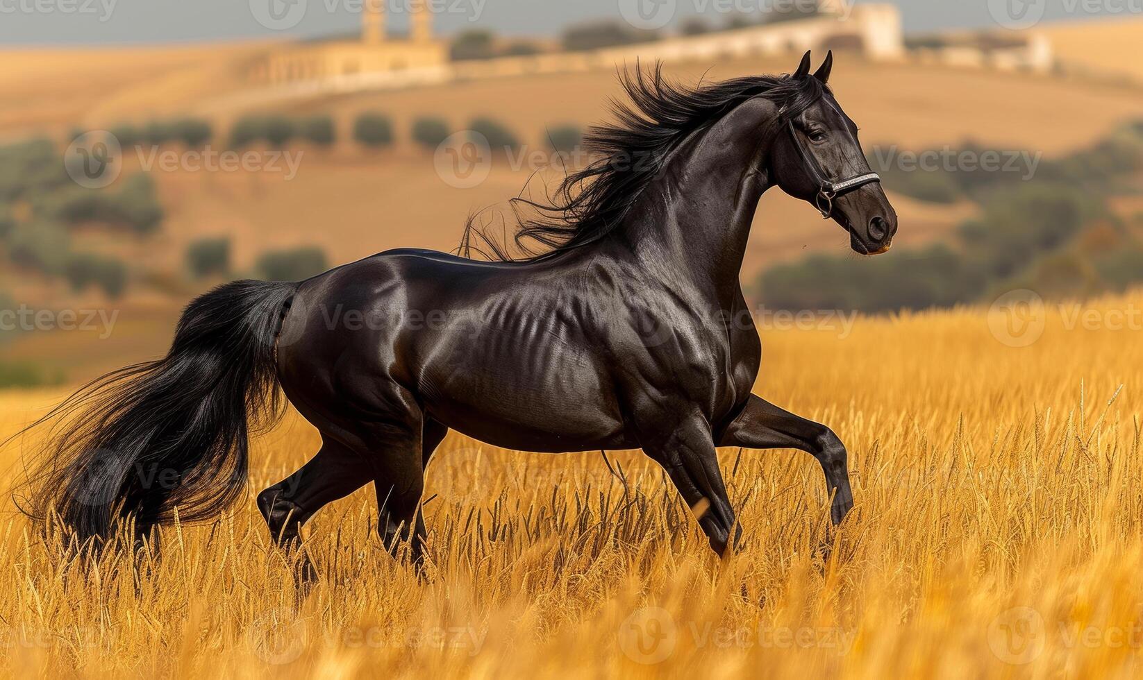 ai generado negro caballo carreras en el trigo campo con majestuoso melena fluido foto