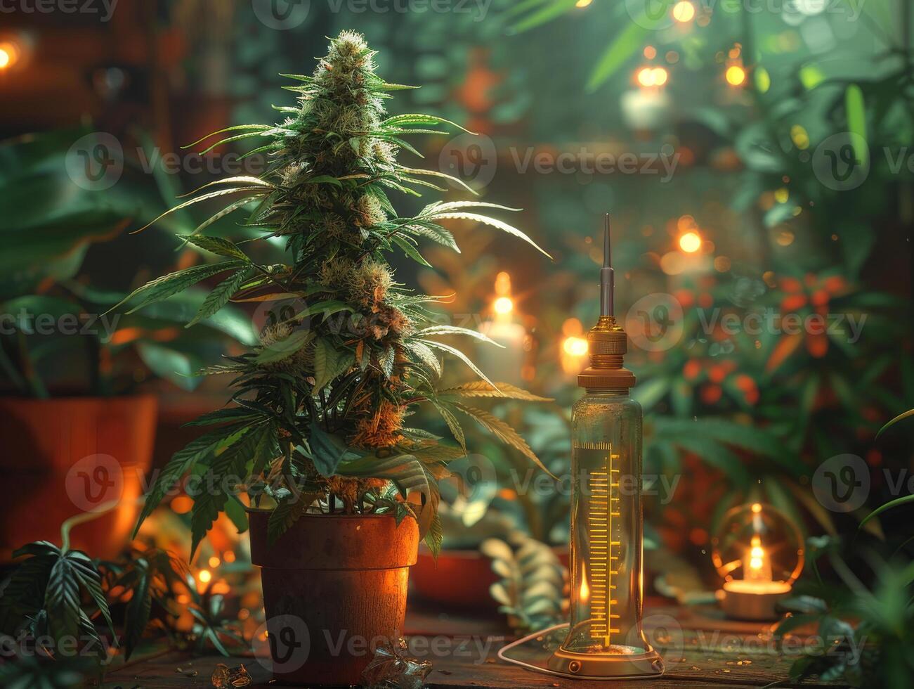 AI generated Cannabis plant and oil in bottle on wooden table in cozy dark room photo